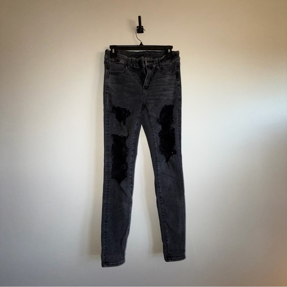 American Eagle Outfitters Women's Charcoal Black Ripped Skinny Jeans - Picture 2 of 5